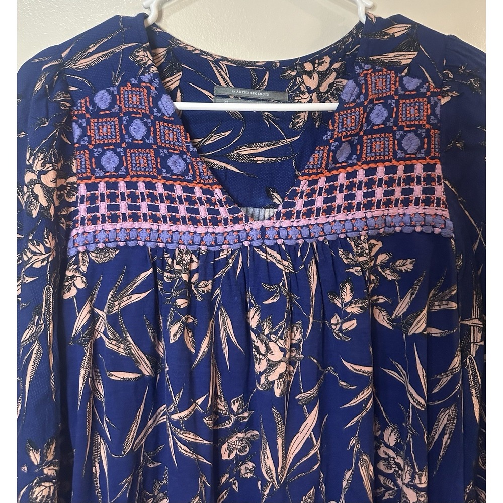 By Anthropologie Women's Indigo Floral Embroidered Peasant‎ Top Size XS - Picture 5 of 9